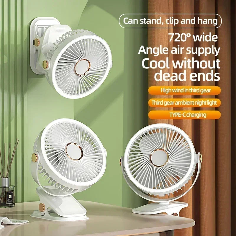 Portable 6-in-1 Clip Fan with LED Light and 720° Airflow