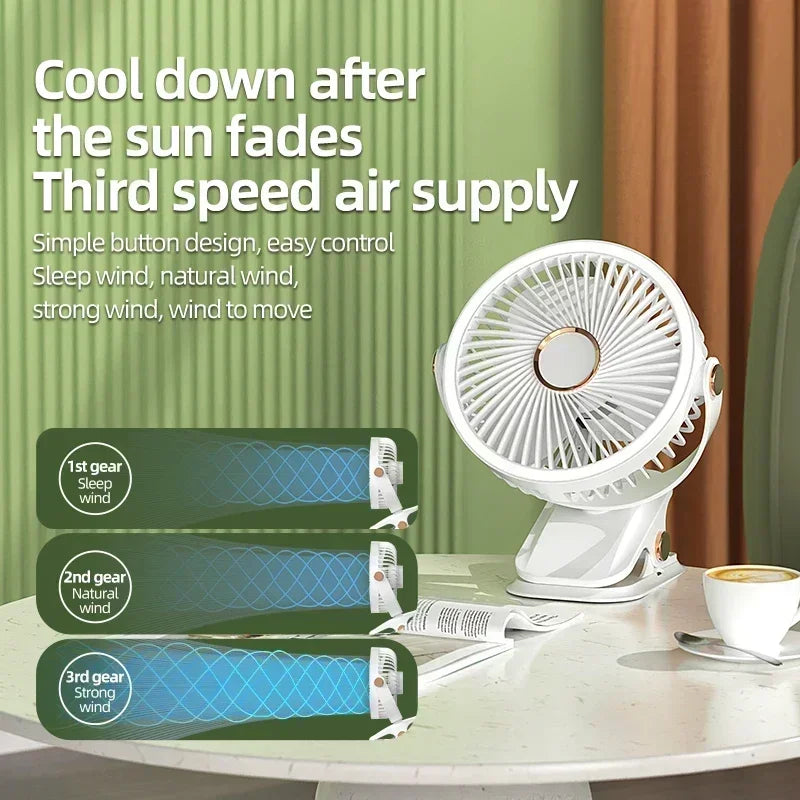 Ventilateur portable 6 en 1 à clip avec lumière LED et flux d'air à 720°