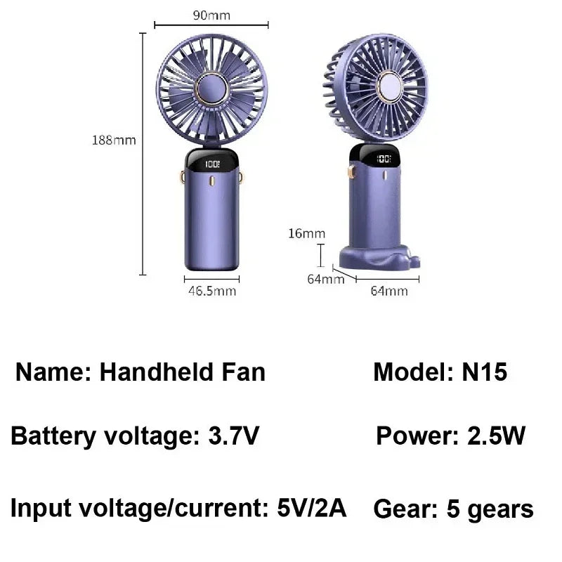 5-Speed Handheld & Desk Fan with LED Display and Long Battery Life