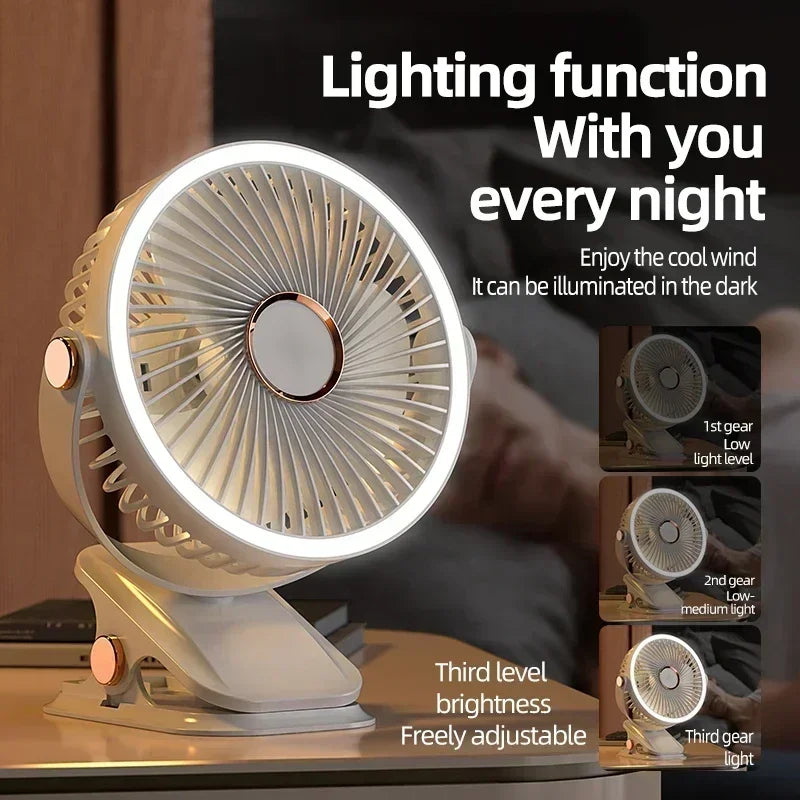 Ventilateur portable 6 en 1 à clip avec lumière LED et flux d'air à 720°