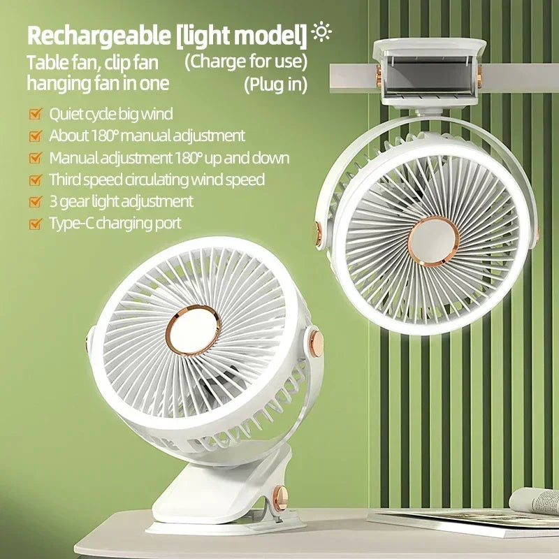 Ventilateur portable 6 en 1 à clip avec lumière LED et flux d'air à 720°