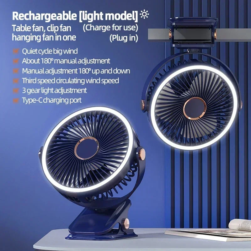 Ventilateur portable 6 en 1 à clip avec lumière LED et flux d'air à 720°