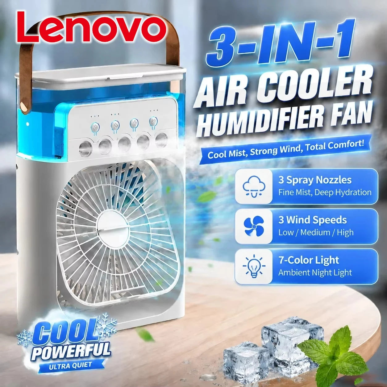 BreezeCube Portable USB Air Cooler Fan with LED Night Light