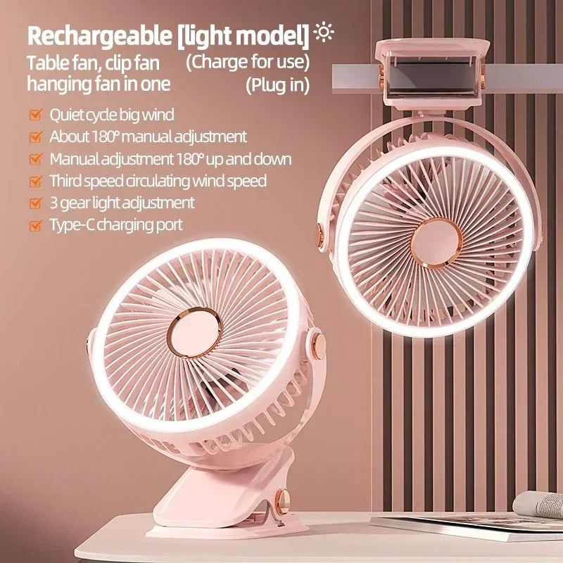 Ventilateur portable 6 en 1 à clip avec lumière LED et flux d'air à 720°