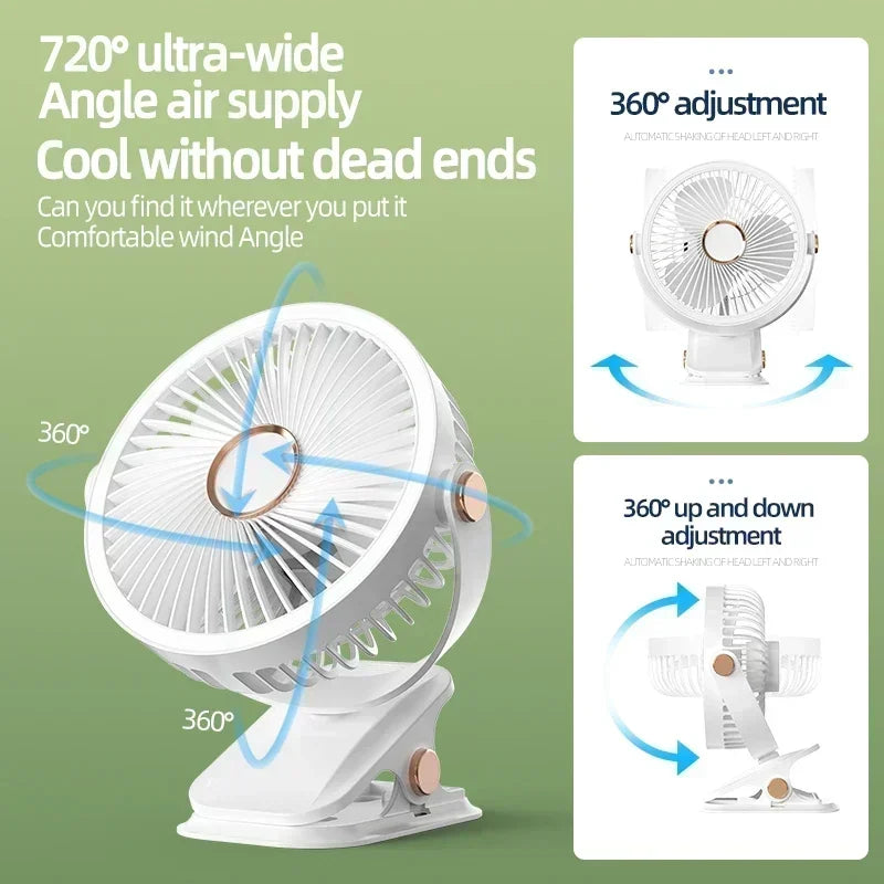 Ventilateur portable 6 en 1 à clip avec lumière LED et flux d'air à 720°